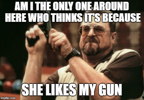 Am I The Only One Around Here Meme | AM I THE ONLY ONE AROUND HERE WHO THINKS IT'S BECAUSE SHE LIKES MY GUN | image tagged in memes,am i the only one around here | made w/ Imgflip meme maker