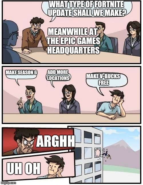 Boardroom Meeting Suggestion | WHAT TYPE OF FORTNITE UPDATE SHALL WE MAKE? MEANWHILE AT THE EPIC GAMES HEADQUARTERS; MAKE SEASON 6; MAKE V-BUCKS FREE; ADD MORE LOCATIONS; ARGHH; UH OH | image tagged in memes,boardroom meeting suggestion | made w/ Imgflip meme maker