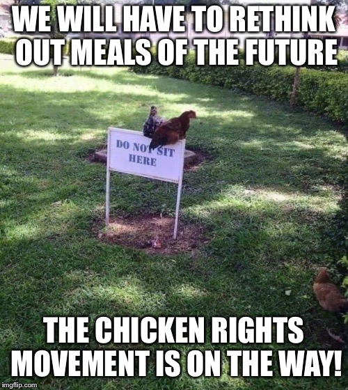 WE WILL HAVE TO RETHINK OUT MEALS OF THE FUTURE; THE CHICKEN RIGHTS MOVEMENT IS ON THE WAY! | image tagged in memes,chicken | made w/ Imgflip meme maker
