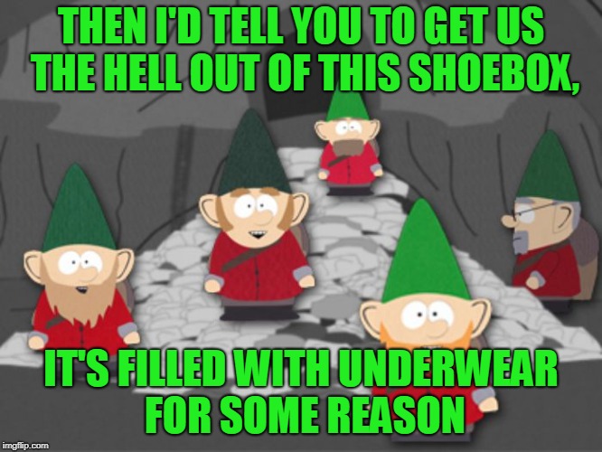 south park underwear gnomes profit | THEN I'D TELL YOU TO GET US THE HELL OUT OF THIS SHOEBOX, IT'S FILLED WITH UNDERWEAR FOR SOME REASON | image tagged in south park underwear gnomes profit | made w/ Imgflip meme maker