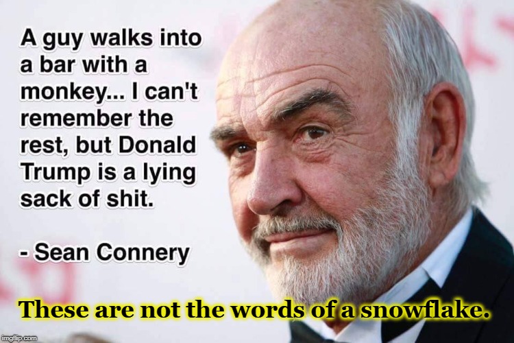 I'll take 007's word for it. | These are not the words of a snowflake. | image tagged in sean connery,trump,lies,snowflake | made w/ Imgflip meme maker