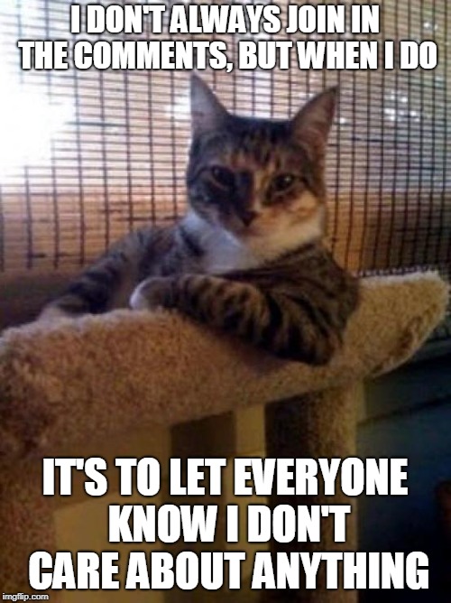 The Most Interesting Cat In The World Meme | I DON'T ALWAYS JOIN IN THE COMMENTS, BUT WHEN I DO IT'S TO LET EVERYONE KNOW I DON'T CARE ABOUT ANYTHING | image tagged in memes,the most interesting cat in the world | made w/ Imgflip meme maker