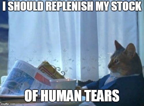 I Should Buy A Boat Cat Meme | I SHOULD REPLENISH MY STOCK OF HUMAN TEARS | image tagged in memes,i should buy a boat cat | made w/ Imgflip meme maker