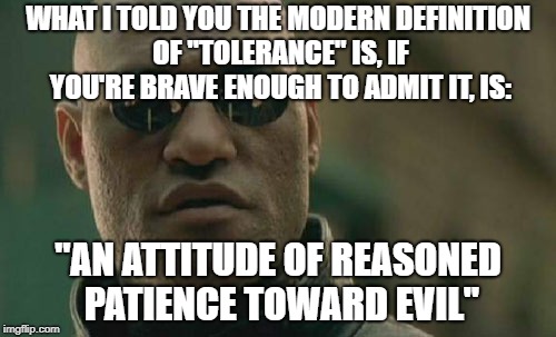 Welcome To The Post-Truth Age | WHAT I TOLD YOU THE MODERN DEFINITION OF "TOLERANCE" IS, IF YOU'RE BRAVE ENOUGH TO ADMIT IT, IS:; "AN ATTITUDE OF REASONED PATIENCE TOWARD EVIL" | image tagged in memes,matrix morpheus | made w/ Imgflip meme maker