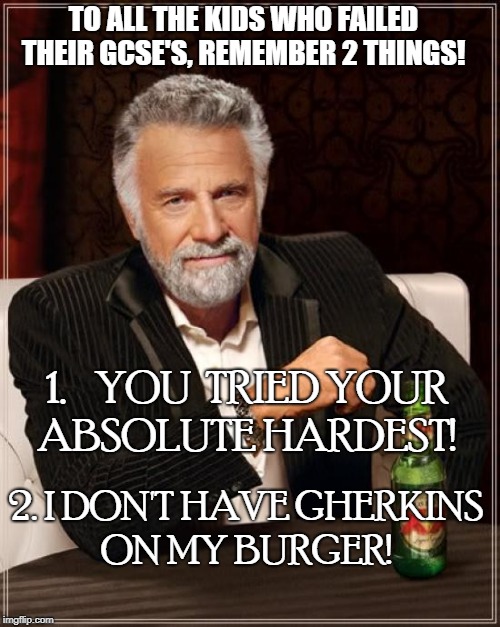 The Most Interesting Man In The World Meme | TO ALL THE KIDS WHO FAILED THEIR GCSE'S, REMEMBER 2 THINGS! 1.    YOU  TRIED YOUR ABSOLUTE HARDEST! 2. I DON'T HAVE GHERKINS ON MY BURGER! | image tagged in memes,the most interesting man in the world | made w/ Imgflip meme maker