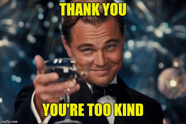 Leonardo Dicaprio Cheers Meme | THANK YOU YOU'RE TOO KIND | image tagged in memes,leonardo dicaprio cheers | made w/ Imgflip meme maker