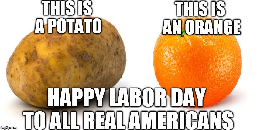 THIS IS A POTATO THIS IS AN ORANGE HAPPY LABOR DAY TO ALL REAL AMERICANS | made w/ Imgflip meme maker