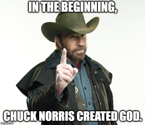 Chuck Norris Finger Meme | IN THE BEGINNING, CHUCK NORRIS CREATED GOD. | image tagged in chuck norris,god,chuck,norris,bible,religion | made w/ Imgflip meme maker