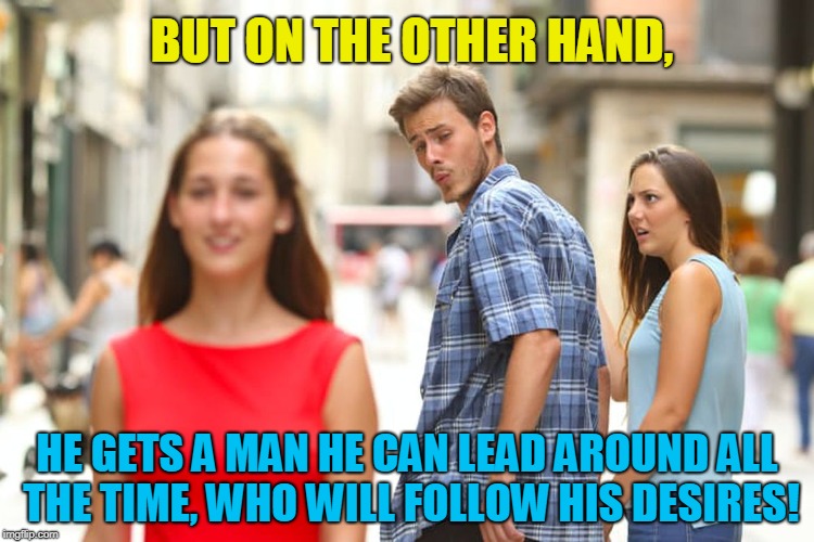 Distracted Boyfriend Meme | BUT ON THE OTHER HAND, HE GETS A MAN HE CAN LEAD AROUND ALL THE TIME, WHO WILL FOLLOW HIS DESIRES! | image tagged in memes,distracted boyfriend | made w/ Imgflip meme maker