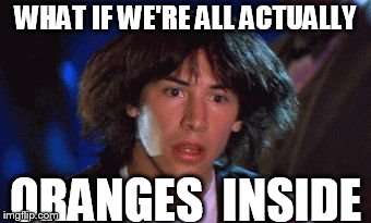 bill and ted | WHAT IF WE'RE ALL ACTUALLY ORANGES  INSIDE | image tagged in bill and ted | made w/ Imgflip meme maker