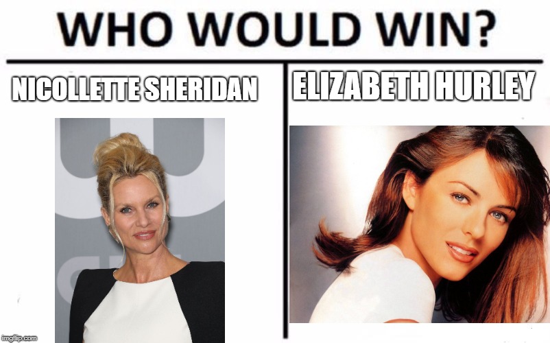 Who Would Win? Meme | ELIZABETH HURLEY; NICOLLETTE SHERIDAN | image tagged in memes,who would win,celebrity | made w/ Imgflip meme maker