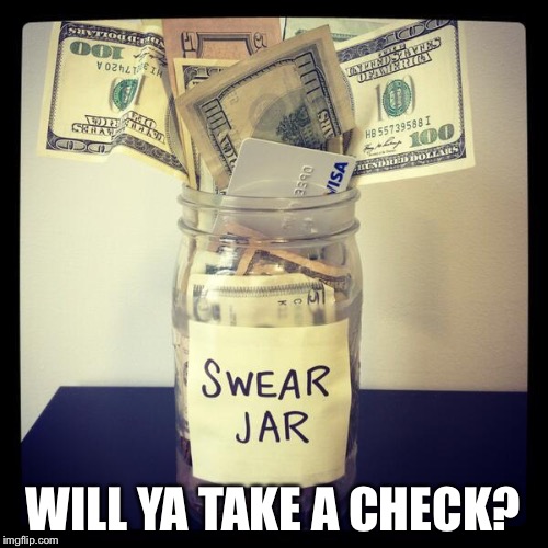 swear jar | WILL YA TAKE A CHECK? | image tagged in swear jar | made w/ Imgflip meme maker
