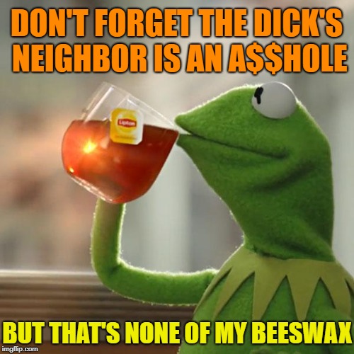 But That's None Of My Business Meme | DON'T FORGET THE DICK'S NEIGHBOR IS AN A$$HOLE BUT THAT'S NONE OF MY BEESWAX | image tagged in memes,but thats none of my business,kermit the frog | made w/ Imgflip meme maker