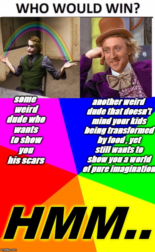 another weird dude that doesn't mind your kids being transformed by food , yet still wants to show you a world of pure imagination; some weird dude who wants to show you his scars; HMM.. | image tagged in memes,joker,wonka,creepy condescending wonka | made w/ Imgflip meme maker