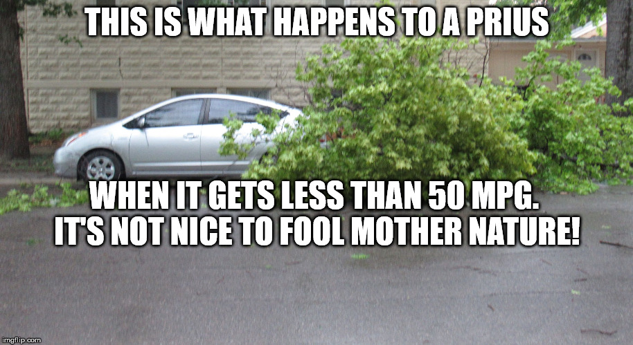 Tree getting its car(bs) | THIS IS WHAT HAPPENS TO A PRIUS WHEN IT GETS LESS THAN 50 MPG. IT'S NOT NICE TO FOOL MOTHER NATURE! | image tagged in tree getting its carbs | made w/ Imgflip meme maker