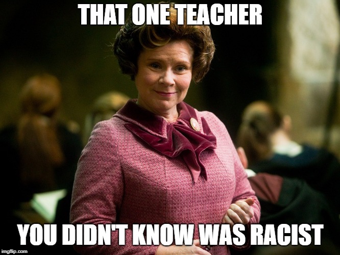 that one teacher | THAT ONE TEACHER; YOU DIDN'T KNOW WAS RACIST | image tagged in dolores umbridge,harry potter | made w/ Imgflip meme maker