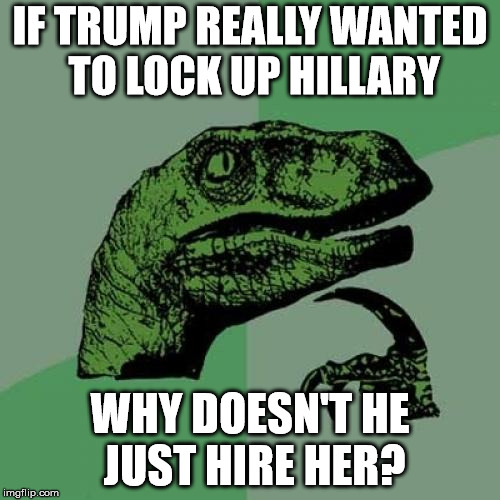 Philosoraptor Meme | IF TRUMP REALLY WANTED TO LOCK UP HILLARY; WHY DOESN'T HE JUST HIRE HER? | image tagged in memes,philosoraptor | made w/ Imgflip meme maker