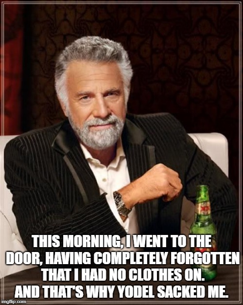 The Most Interesting Man In The World Meme | THIS MORNING, I WENT TO THE DOOR, HAVING COMPLETELY FORGOTTEN THAT I HAD NO CLOTHES ON. AND THAT'S WHY YODEL SACKED ME. | image tagged in memes,the most interesting man in the world | made w/ Imgflip meme maker