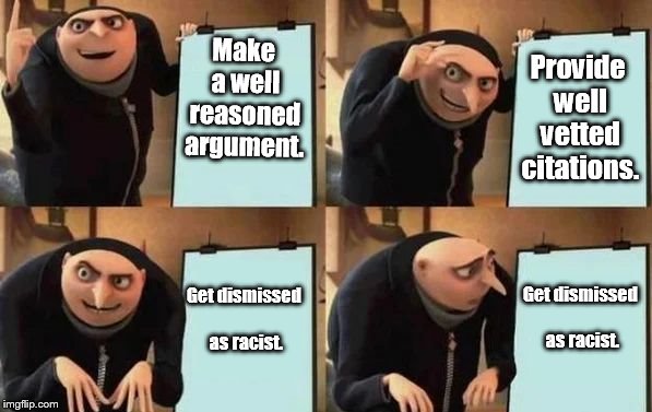 intellectual debate | Make a well reasoned argument. Provide well vetted citations. Get dismissed as racist. Get dismissed as racist. | image tagged in gru's plan,scream racist | made w/ Imgflip meme maker