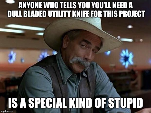 special kind of stupid | ANYONE WHO TELLS YOU YOU’LL NEED A DULL BLADED UTILITY KNIFE FOR THIS PROJECT; IS A SPECIAL KIND OF STUPID | image tagged in special kind of stupid,fail week | made w/ Imgflip meme maker