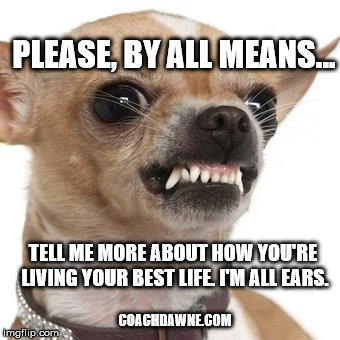 Tell me about how you're living your best life. |  PLEASE, BY ALL MEANS... TELL ME MORE ABOUT HOW YOU'RE LIVING YOUR BEST LIFE. I'M ALL EARS. COACHDAWNE.COM | image tagged in angry chihuahua | made w/ Imgflip meme maker