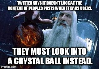 psychic oversight |  TWITTER SAYS IT DOESN'T LOOK AT THE CONTENT OF PEOPLES POSTS WHEN IT BANS USERS. THEY MUST LOOK INTO A CRYSTAL BALL INSTEAD. | image tagged in crystal ball,memes | made w/ Imgflip meme maker