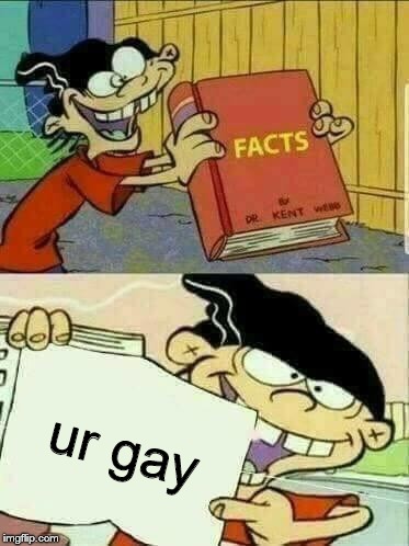 no u | ur gay | image tagged in double d facts book,clobbah dat dere kirbeh,no u,everyone | made w/ Imgflip meme maker