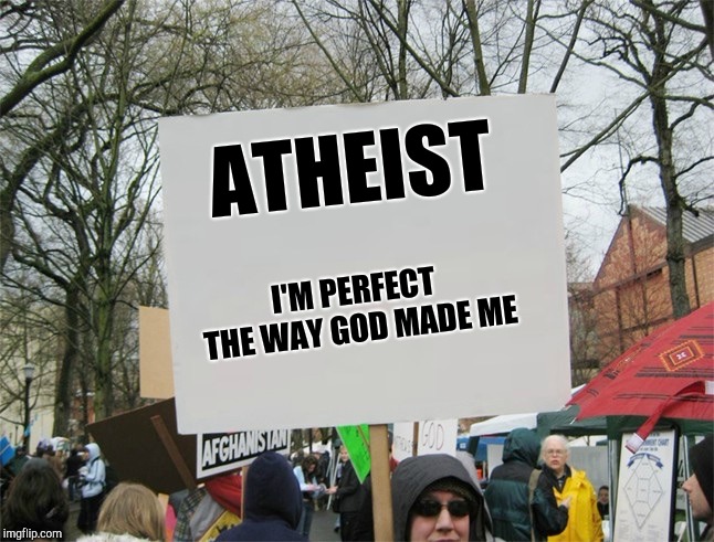 Blank protest sign | ATHEIST I'M PERFECT THE WAY GOD MADE ME | image tagged in blank protest sign | made w/ Imgflip meme maker