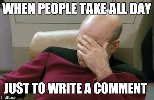 Captain Picard Facepalm Meme | WHEN PEOPLE TAKE ALL DAY; JUST TO WRITE A COMMENT | image tagged in memes,captain picard facepalm | made w/ Imgflip meme maker