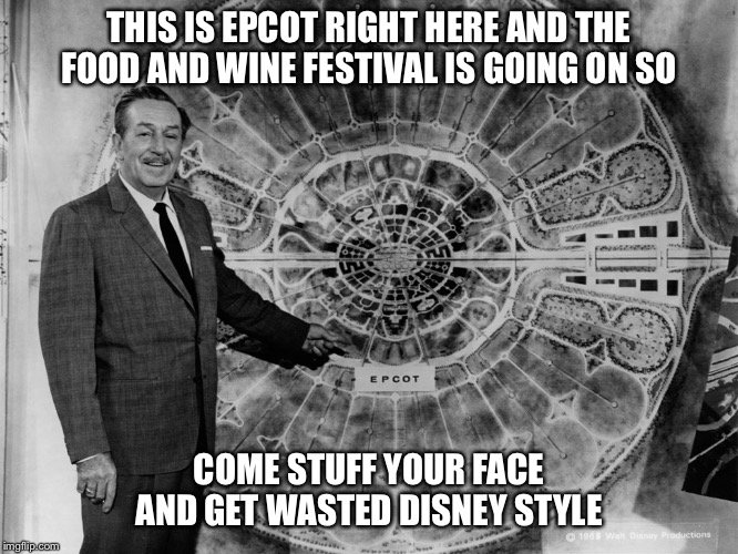 walt disney epcot | THIS IS EPCOT RIGHT HERE AND THE FOOD AND WINE FESTIVAL IS GOING ON SO; COME STUFF YOUR FACE AND GET WASTED DISNEY STYLE | image tagged in walt disney epcot | made w/ Imgflip meme maker