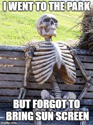 Waiting Skeleton | I WENT TO THE PARK; BUT FORGOT TO BRING SUN SCREEN | image tagged in memes,waiting skeleton | made w/ Imgflip meme maker