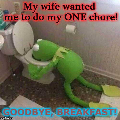 My wife wanted me to do my ONE chore! GOODBYE, BREAKFAST! | image tagged in kermit | made w/ Imgflip meme maker