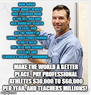 Good Guy Teacher | HOW MUCH MORE MONEY WOULD OUR TEACHERS MAKE IF THE NFL, NBA AND MLB SUDDENLY CEASED TO EXIST AND ALL THE MONEY IN THOSE THREE PROFESSIONAL SPORTS WERE PUT INTO OUR SCHOOL SYSTEMS AND TEACHER'S SALARY?  HMMMMM.... MAKE THE WORLD A BETTER PLACE.  PAY PROFESSIONAL ATHLETES $30,000 TO $60,000 PER YEAR, AND TEACHERS MILLIONS! | image tagged in good guy teacher | made w/ Imgflip meme maker