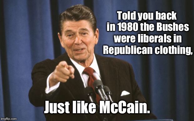 Ronald Reagan | Told you back in 1980 the Bushes were liberals in Republican clothing, Just like McCain. | image tagged in ronald reagan | made w/ Imgflip meme maker