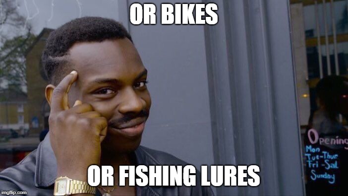 Roll Safe Think About It Meme | OR BIKES OR FISHING LURES | image tagged in memes,roll safe think about it | made w/ Imgflip meme maker