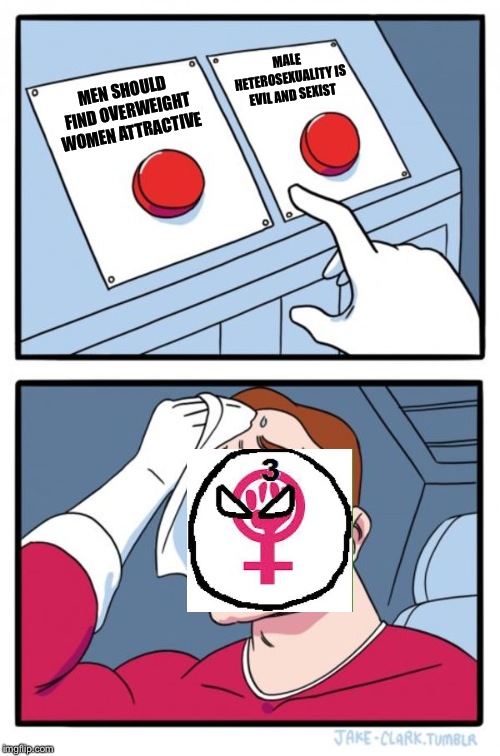 Two Buttons Meme | MALE HETEROSEXUALITY IS EVIL AND SEXIST; MEN SHOULD FIND OVERWEIGHT WOMEN ATTRACTIVE | image tagged in memes,two buttons | made w/ Imgflip meme maker