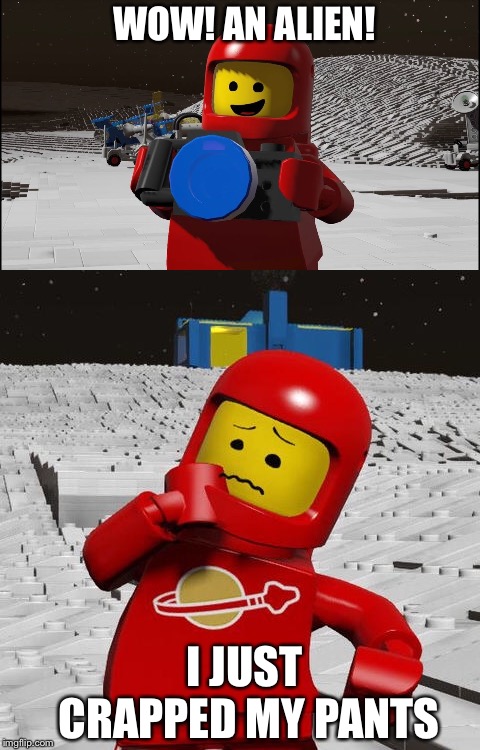 Li’l LEGO Classic space explorer is too scared to take a photo | WOW! AN ALIEN! I JUST CRAPPED MY PANTS | image tagged in lego,stepping on a lego,cats,funny,memes,scared | made w/ Imgflip meme maker