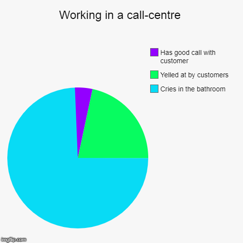 Working in a call-centre | Cries in the bathroom, Yelled at by customers , Has good call with customer | image tagged in funny,pie charts | made w/ Imgflip chart maker