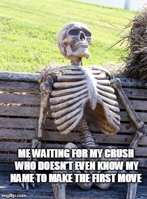 Waiting Skeleton Meme | ME WAITING FOR MY CRUSH WHO DOESN'T EVEN KNOW MY NAME TO MAKE THE FIRST MOVE | image tagged in memes,waiting skeleton | made w/ Imgflip meme maker