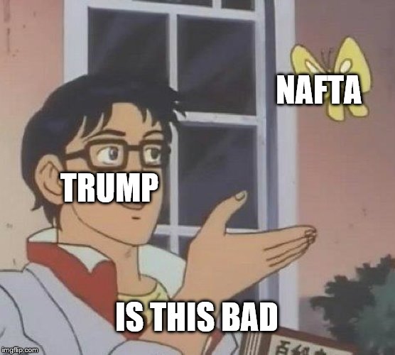 Is This A Pigeon | NAFTA; TRUMP; IS THIS BAD | image tagged in memes,is this a pigeon,trump,nafta | made w/ Imgflip meme maker