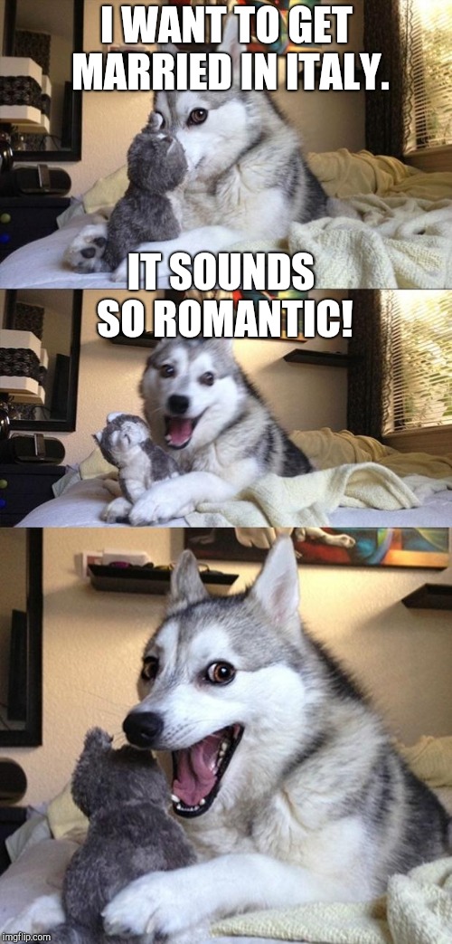 Yes, I Sit in Bed at Night Just Thinking of These | I WANT TO GET MARRIED IN ITALY. IT SOUNDS SO ROMANTIC! | image tagged in bad joke dog,marriage,italy,rome | made w/ Imgflip meme maker