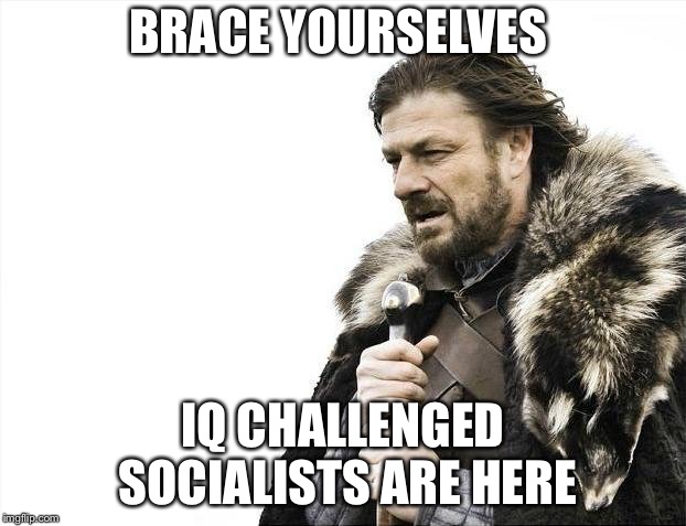 Brace Yourselves X is Coming Meme | BRACE YOURSELVES IQ CHALLENGED SOCIALISTS ARE HERE | image tagged in memes,brace yourselves x is coming | made w/ Imgflip meme maker