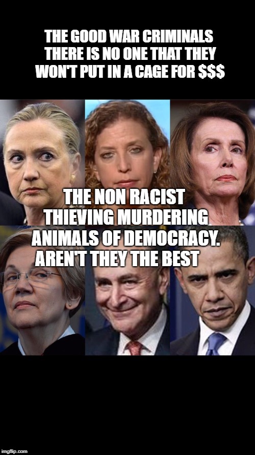 demexit | THE GOOD WAR CRIMINALS THERE IS NO ONE THAT THEY WON'T PUT IN A CAGE FOR $$$; THE NON RACIST THIEVING MURDERING ANIMALS OF DEMOCRACY. AREN'T THEY THE BEST | image tagged in demexit | made w/ Imgflip meme maker