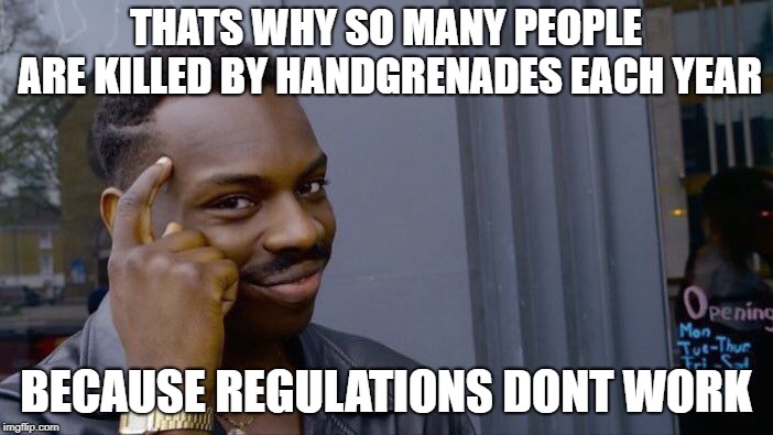 Roll Safe Think About It Meme | THATS WHY SO MANY PEOPLE ARE KILLED BY HANDGRENADES EACH YEAR BECAUSE REGULATIONS DONT WORK | image tagged in memes,roll safe think about it | made w/ Imgflip meme maker