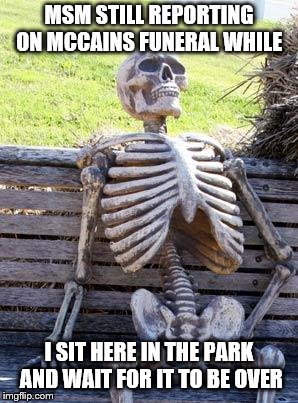Waiting Skeleton | MSM STILL REPORTING ON MCCAINS FUNERAL WHILE; I SIT HERE IN THE PARK AND WAIT FOR IT TO BE OVER | image tagged in memes,waiting skeleton | made w/ Imgflip meme maker