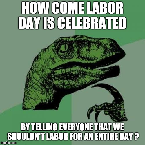 Philosoraptor Meme | HOW COME LABOR DAY IS CELEBRATED; BY TELLING EVERYONE THAT WE SHOULDN'T LABOR FOR AN ENTIRE DAY ? | image tagged in memes,philosoraptor | made w/ Imgflip meme maker