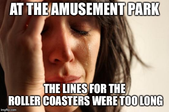First World Problems | AT THE AMUSEMENT PARK; THE LINES FOR THE ROLLER COASTERS WERE TOO LONG | image tagged in memes,first world problems | made w/ Imgflip meme maker