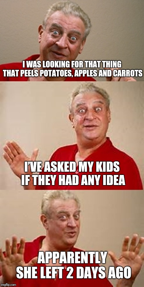 bad pun Dangerfield  | I WAS LOOKING FOR THAT THING THAT PEELS POTATOES, APPLES AND CARROTS; I’VE ASKED MY KIDS IF THEY HAD ANY IDEA; APPARENTLY SHE LEFT 2 DAYS AGO | image tagged in bad pun dangerfield,meme | made w/ Imgflip meme maker