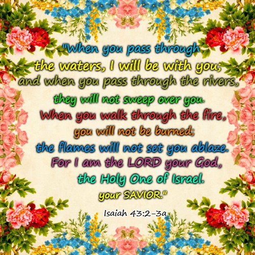 Isaiah 43:2-3 When You Pass Through The Waters I Will Be With You | "When you pass through; the waters, I will be with you;; and when you pass through the rivers, they will not sweep over you. When you walk through the fire, you will not be burned;; the flames will not set you ablaze. For I am the LORD your God, the Holy One of Israel. your SAVIOR."; Isaiah 43:2-3a | image tagged in bible,holy bible,holy spirit,faith,bibile verse,god | made w/ Imgflip meme maker