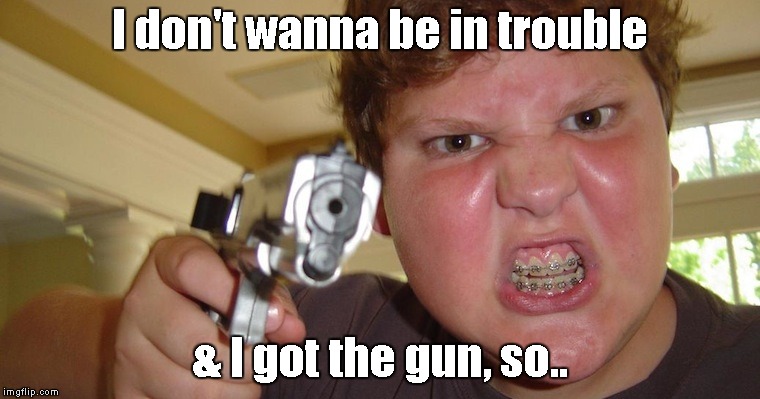 The dog must of done it?  lol  Say hi to Cleebold & Harris at school today. lol |  I don't wanna be in trouble; & I got the gun, so.. | image tagged in angry kid | made w/ Imgflip meme maker